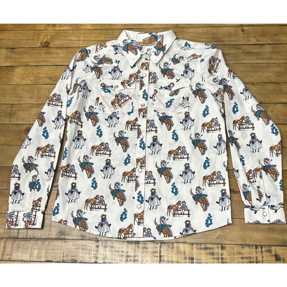 GW5402M Wrangler Girls Bronc Riding Mutton Bustin Print Long Sleeve Snap Shirt